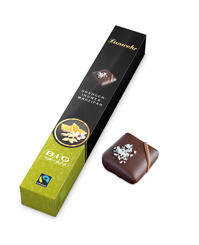 Lanwehr Bio Fairtrade Pralinen Packung in der Sorte Orangen-Ingwer-Marzipan