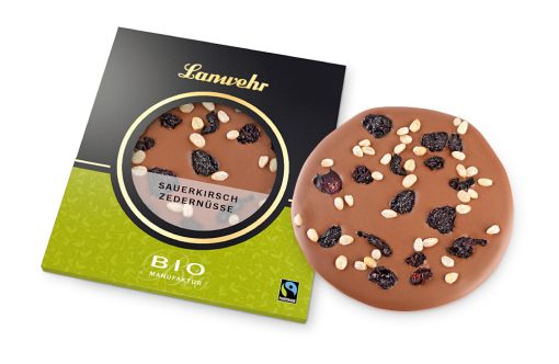 Lanwehr Bio Fairtrade Schokolade in der Sorte Sauerkirsche Zedernüsse Schokoladentaler