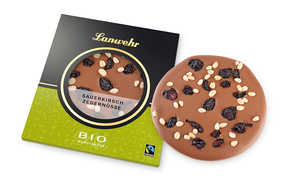 Lanwehr Bio Fairtrade Schokolade in der Sorte Sauerkirsche Zedernüsse Schokoladentaler