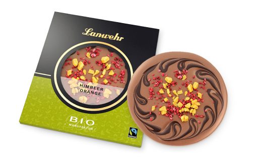 Lanwehr Bio Fairtrade Schokolade in der Sorte Himbeer Orange Schokoladentaler