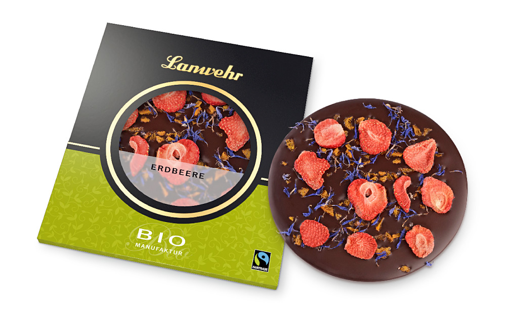 Lanwehr Bio Fairtrade Schokolade in der Sorte Erdbeere Schokoladentaler